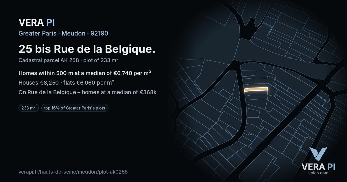 25 bis Rue de la Belgique, Meudon at night – the plot lit, the parcels around coloured by the prices near them