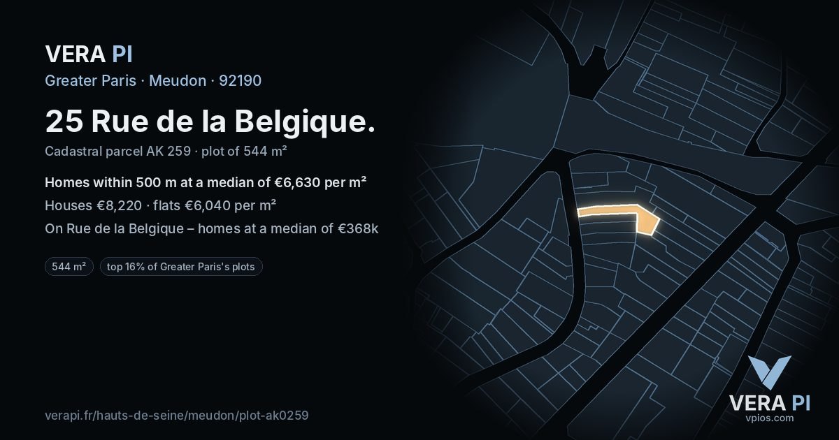 25 Rue de la Belgique, Meudon at night – the plot lit, the parcels around coloured by the prices near them