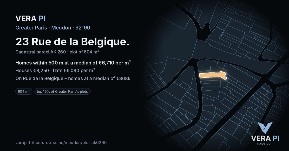 23 Rue de la Belgique, Meudon at night – the plot lit, the parcels around coloured by the prices near them
