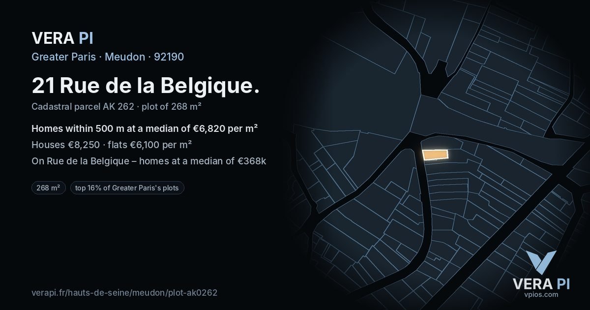 21 Rue de la Belgique, Meudon at night – the plot lit, the parcels around coloured by the prices near them