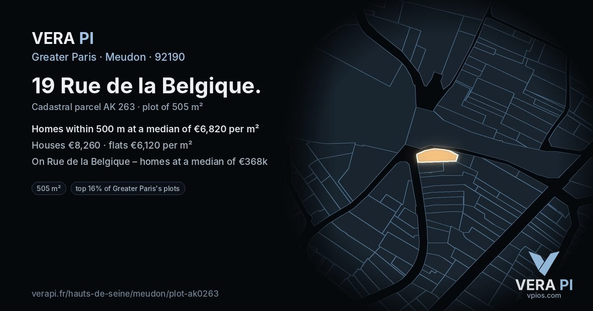 19 Rue de la Belgique, Meudon at night – the plot lit, the parcels around coloured by the prices near them