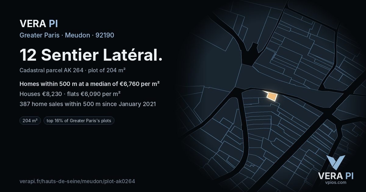 12 Sentier Latéral, Meudon at night – the plot lit, the parcels around coloured by the prices near them