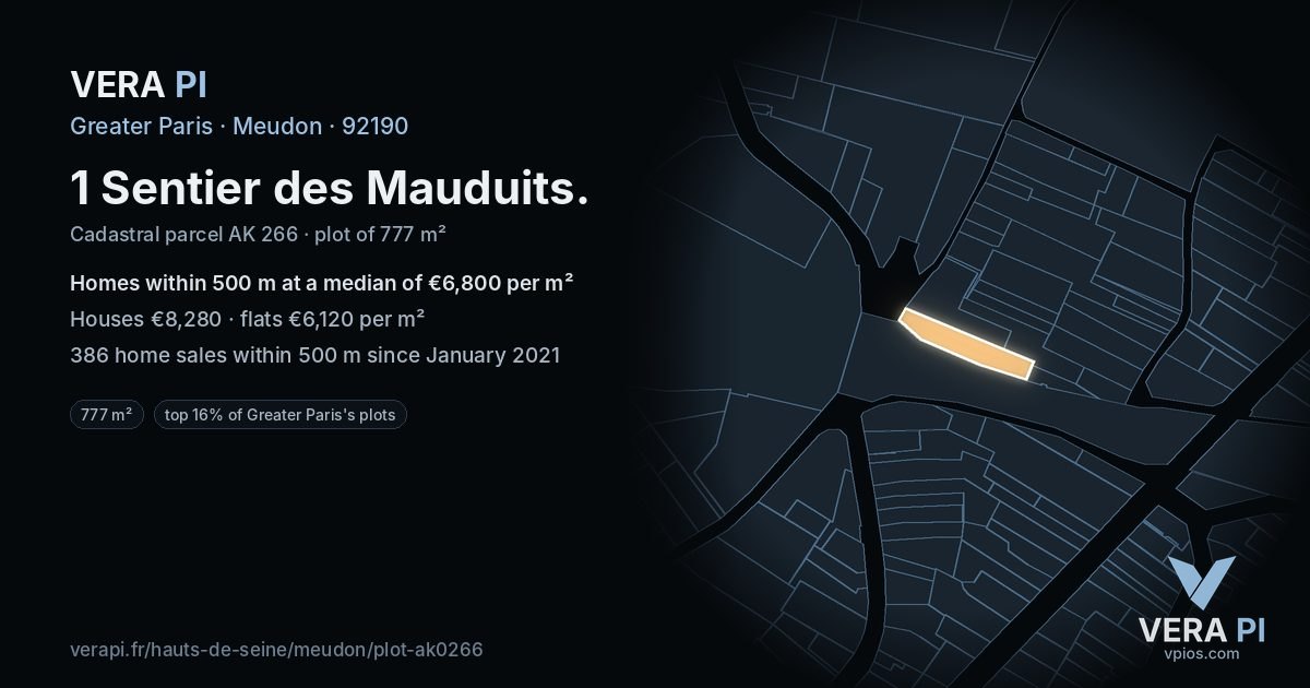 1 Sentier des Mauduits, Meudon at night – the plot lit, the parcels around coloured by the prices near them