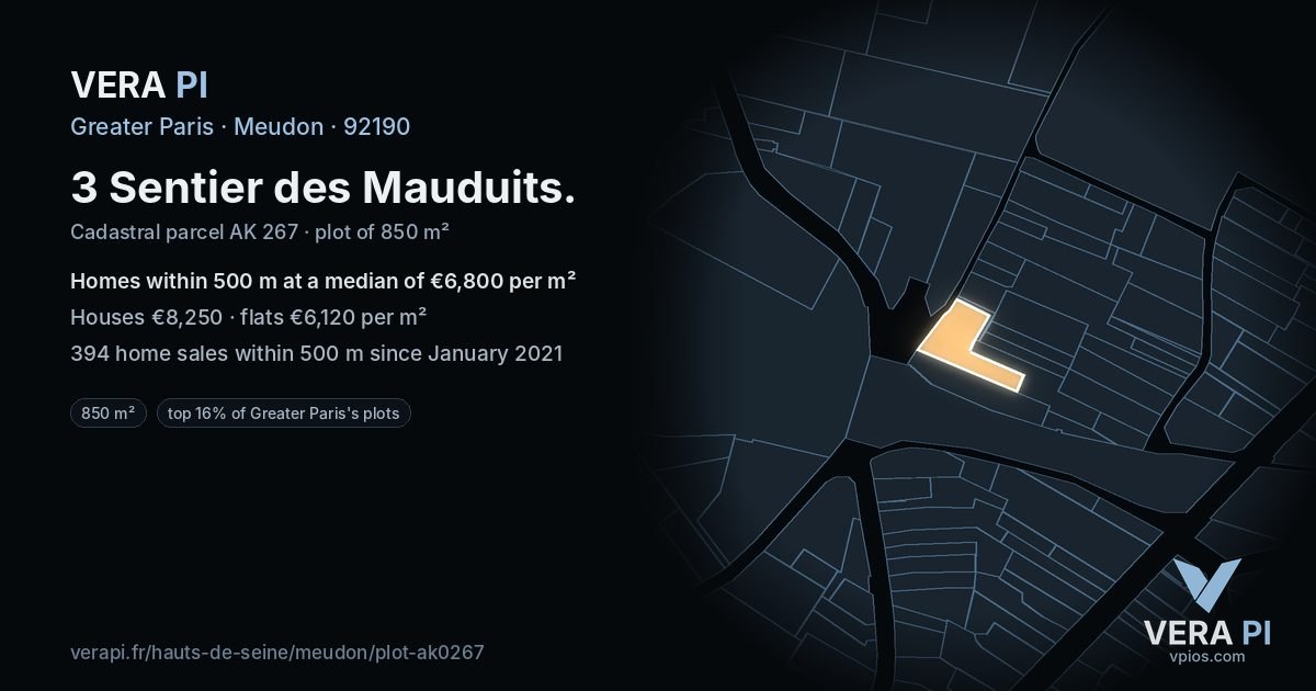 3 Sentier des Mauduits, Meudon at night – the plot lit, the parcels around coloured by the prices near them