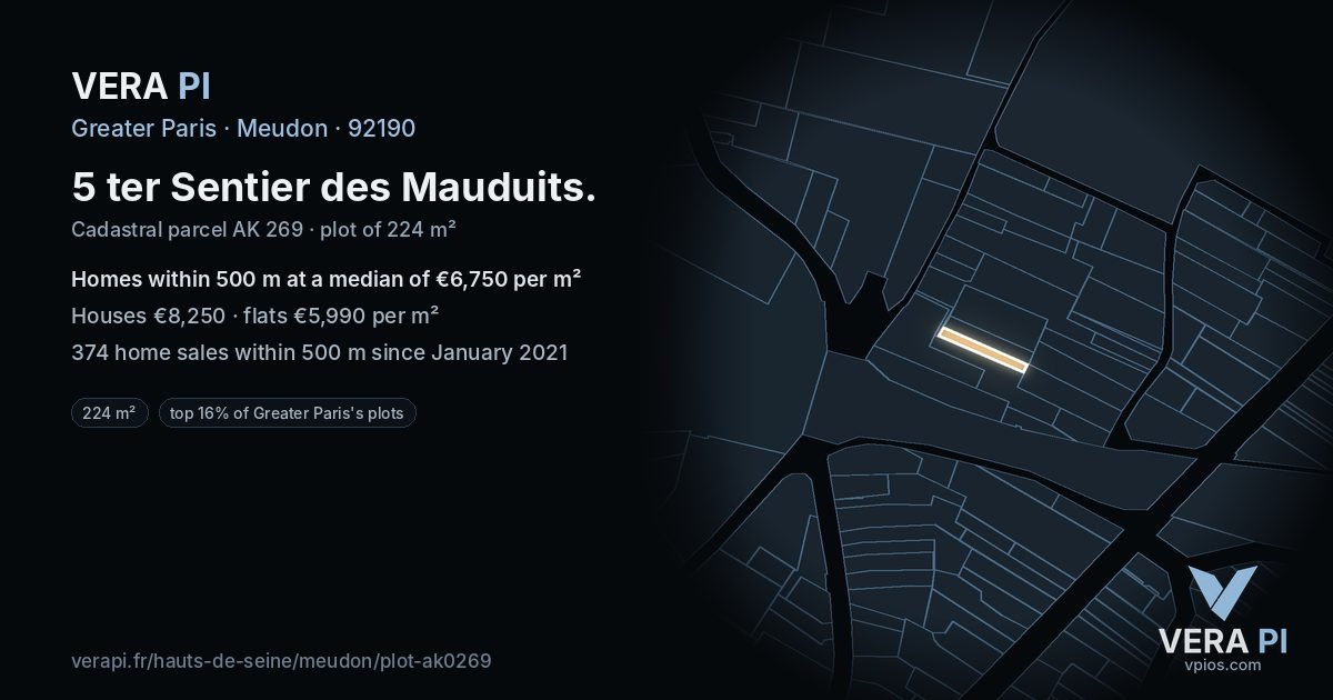 5 ter Sentier des Mauduits, Meudon at night – the plot lit, the parcels around coloured by the prices near them