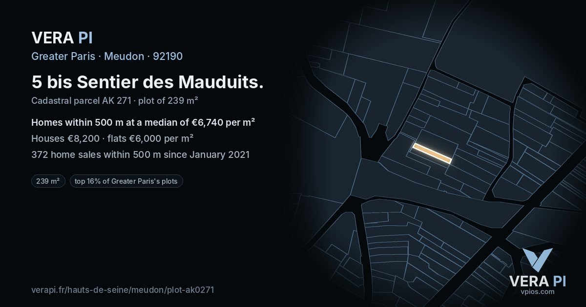 5 bis Sentier des Mauduits, Meudon at night – the plot lit, the parcels around coloured by the prices near them