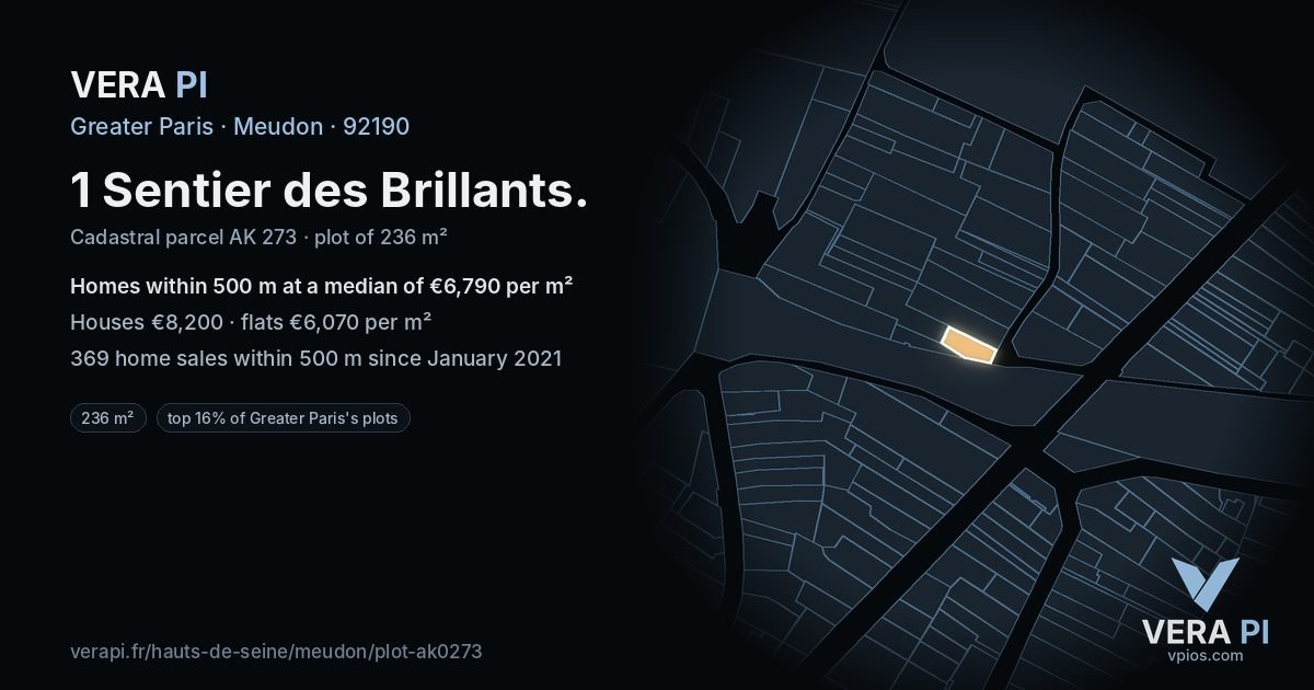 1 Sentier des Brillants, Meudon at night – the plot lit, the parcels around coloured by the prices near them