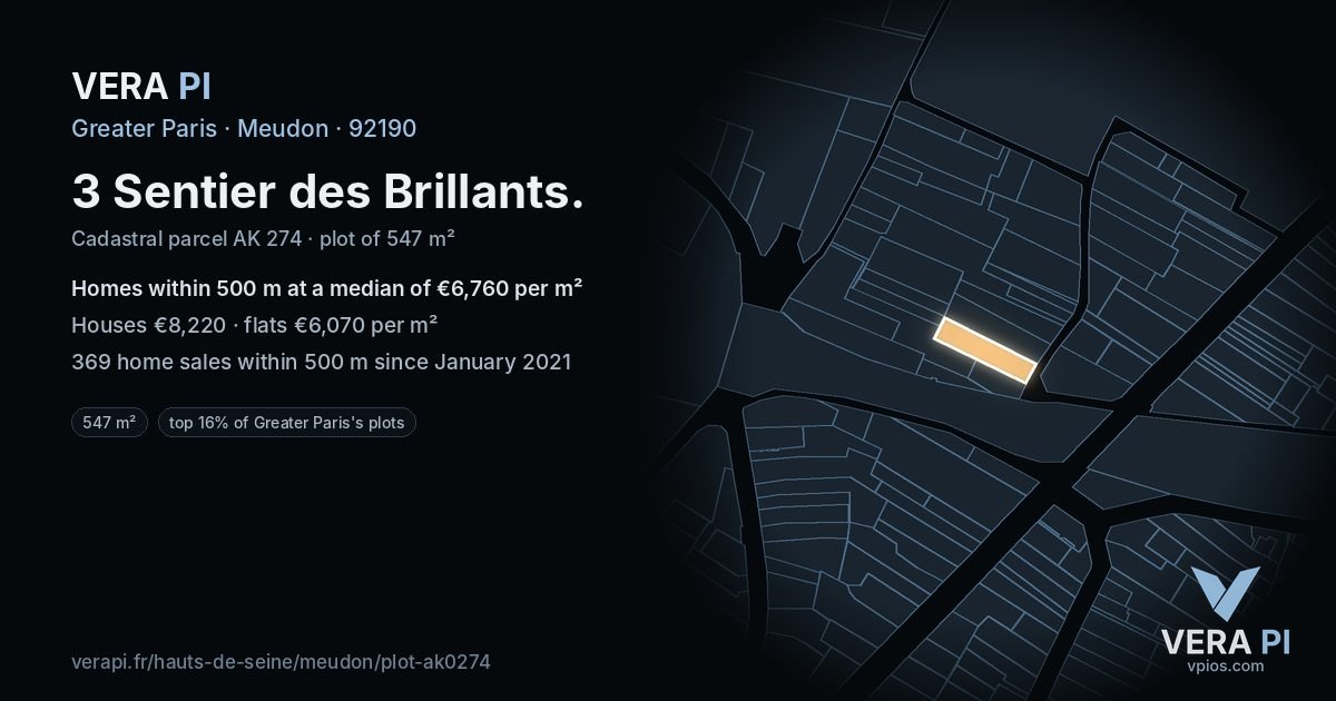 3 Sentier des Brillants, Meudon at night – the plot lit, the parcels around coloured by the prices near them