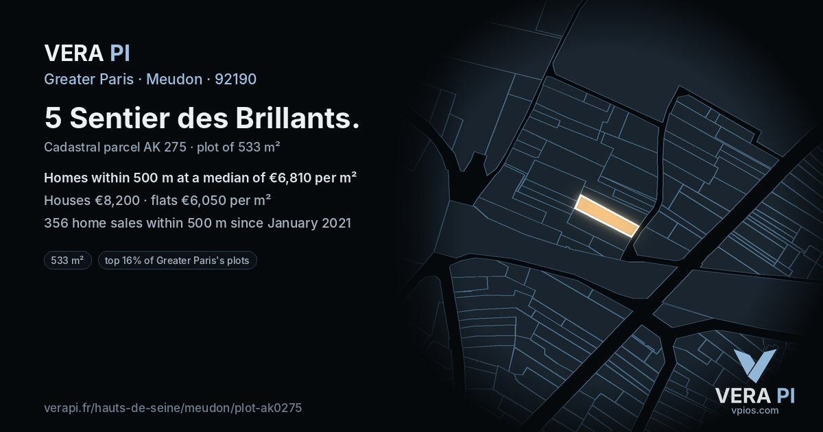 5 Sentier des Brillants, Meudon at night – the plot lit, the parcels around coloured by the prices near them