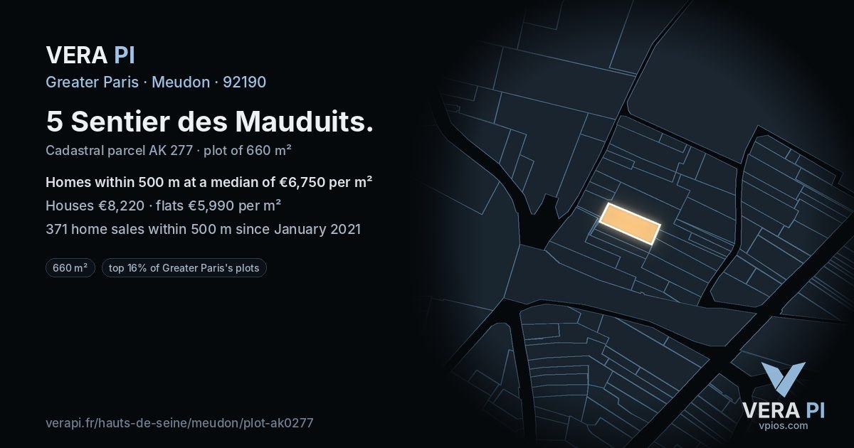 5 Sentier des Mauduits, Meudon at night – the plot lit, the parcels around coloured by the prices near them