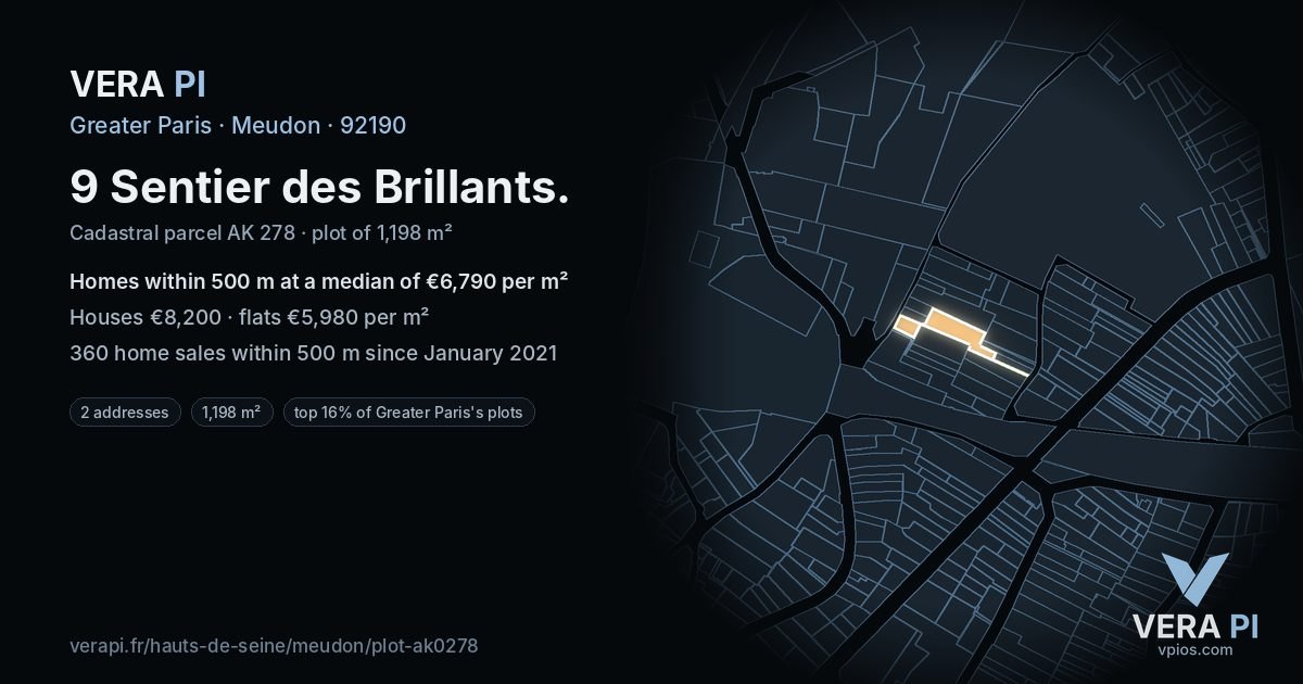 9 Sentier des Brillants, Meudon at night – the plot lit, the parcels around coloured by the prices near them