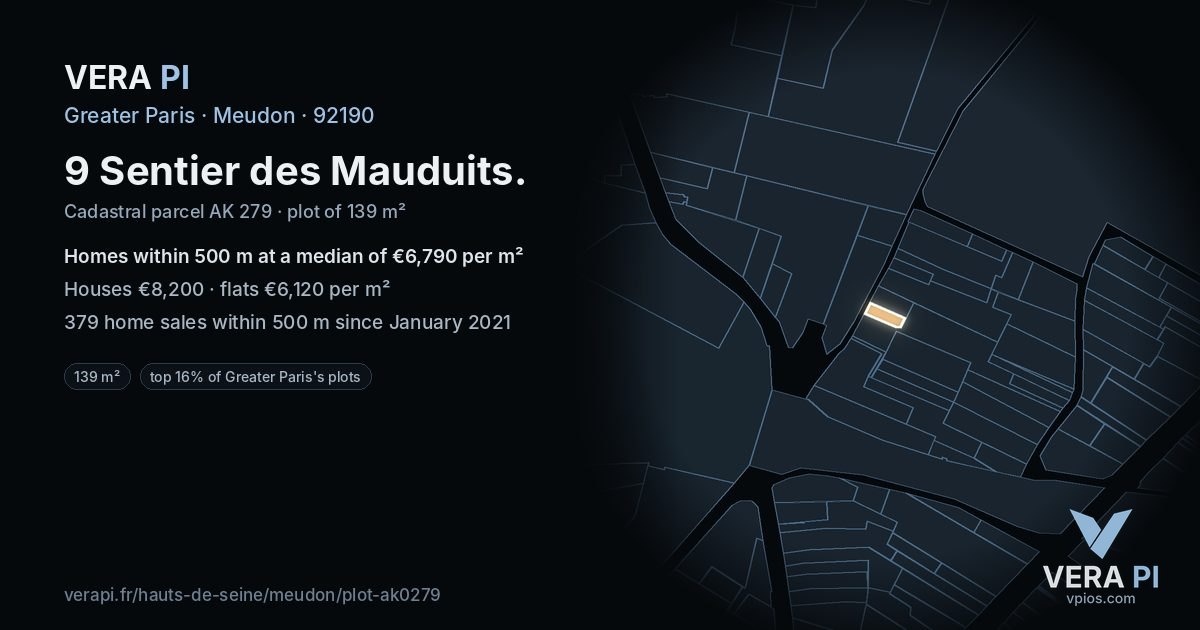 9 Sentier des Mauduits, Meudon at night – the plot lit, the parcels around coloured by the prices near them