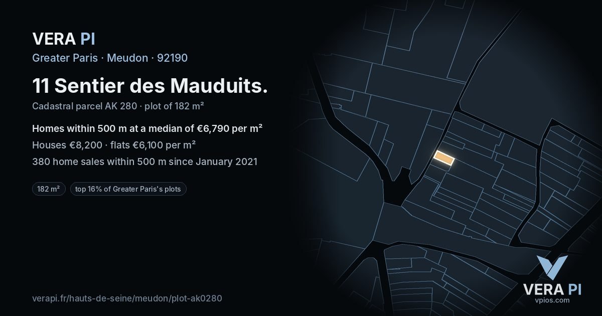 11 Sentier des Mauduits, Meudon at night – the plot lit, the parcels around coloured by the prices near them
