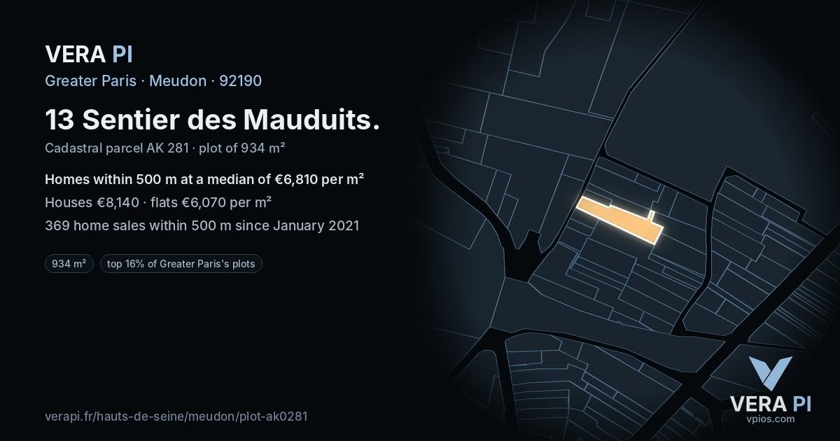 13 Sentier des Mauduits, Meudon at night – the plot lit, the parcels around coloured by the prices near them