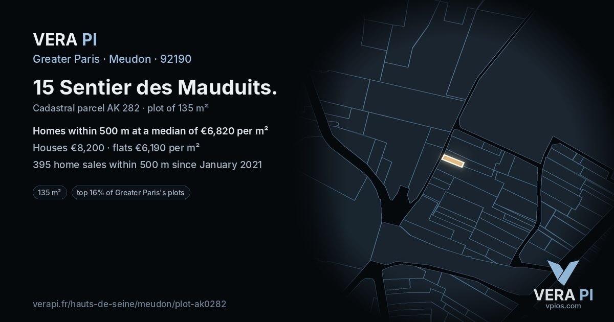 15 Sentier des Mauduits, Meudon at night – the plot lit, the parcels around coloured by the prices near them