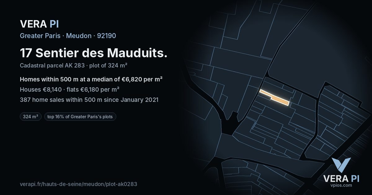 17 Sentier des Mauduits, Meudon at night – the plot lit, the parcels around coloured by the prices near them