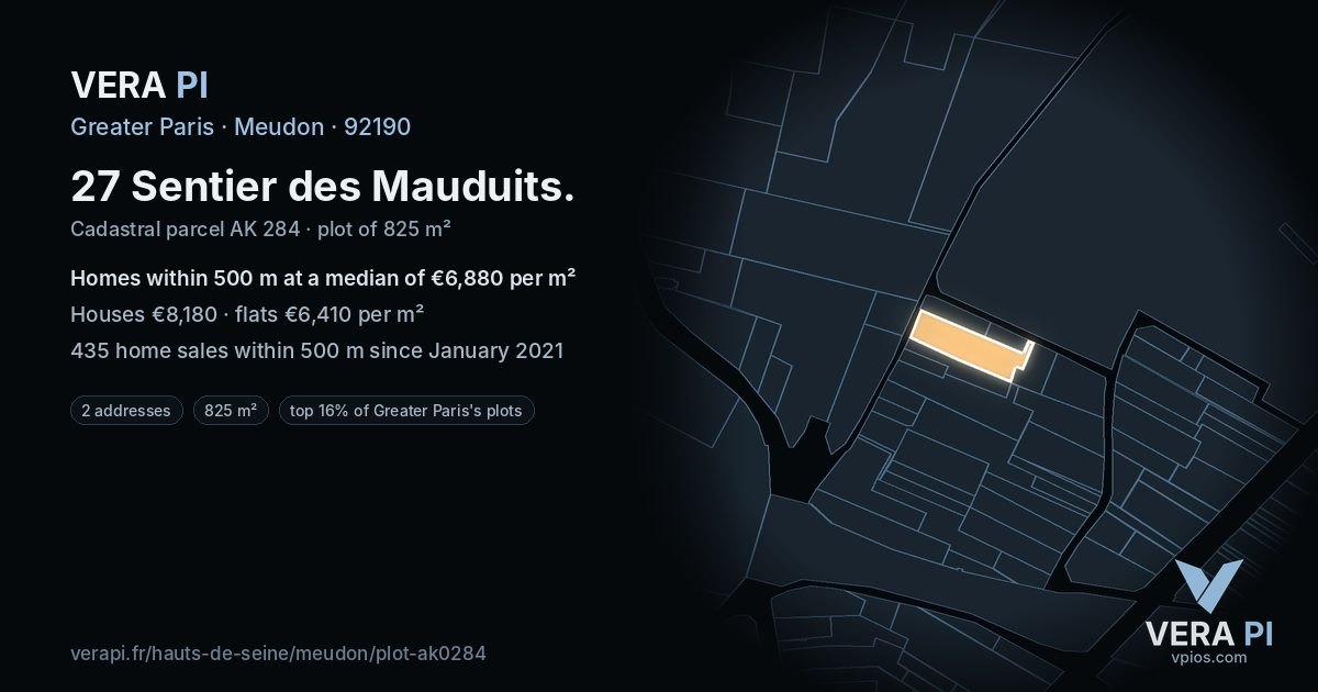 27 Sentier des Mauduits, Meudon at night – the plot lit, the parcels around coloured by the prices near them