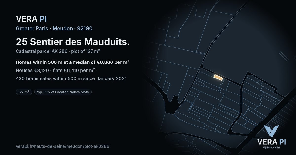 25 Sentier des Mauduits, Meudon at night – the plot lit, the parcels around coloured by the prices near them