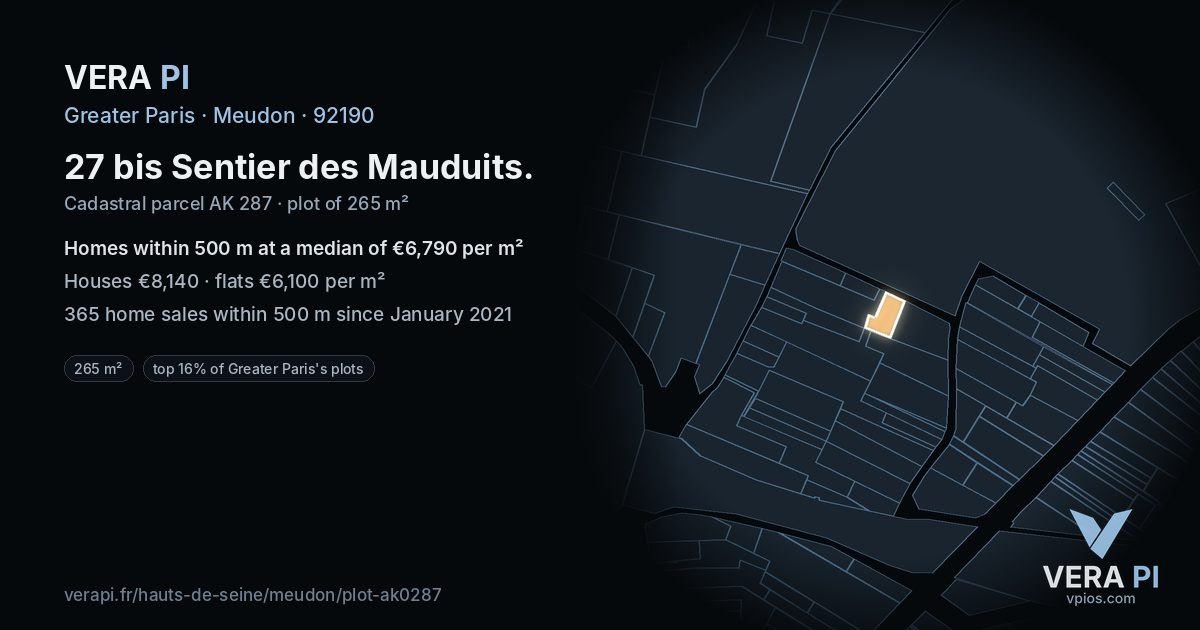 27 bis Sentier des Mauduits, Meudon at night – the plot lit, the parcels around coloured by the prices near them