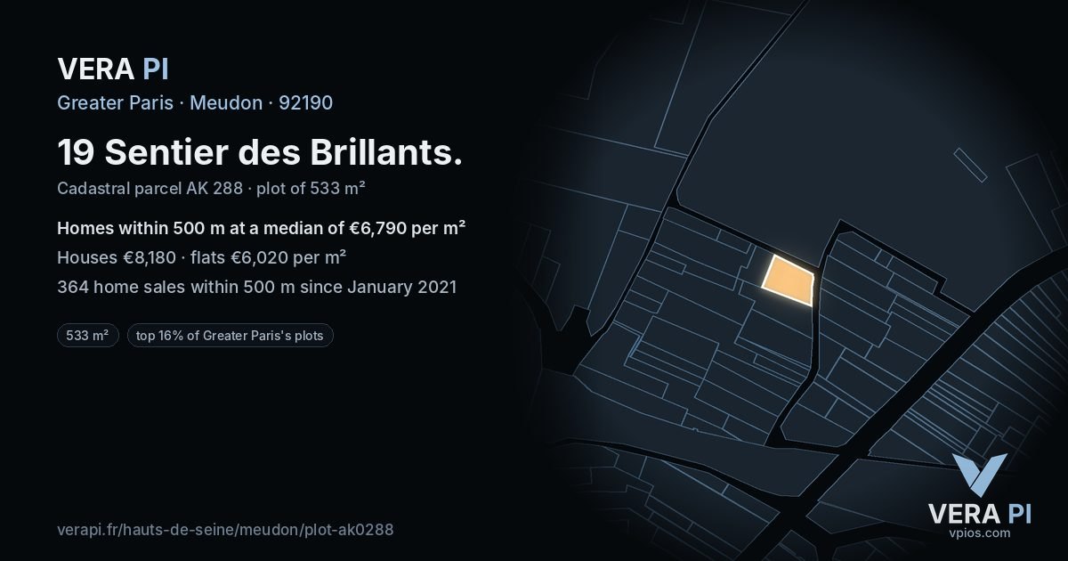 19 Sentier des Brillants, Meudon at night – the plot lit, the parcels around coloured by the prices near them