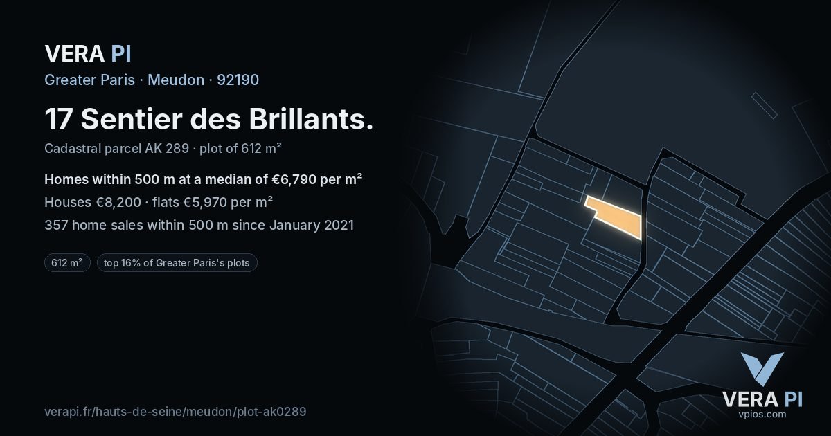 17 Sentier des Brillants, Meudon at night – the plot lit, the parcels around coloured by the prices near them