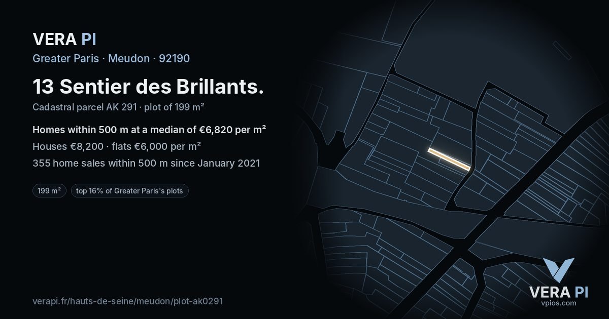 13 Sentier des Brillants, Meudon at night – the plot lit, the parcels around coloured by the prices near them