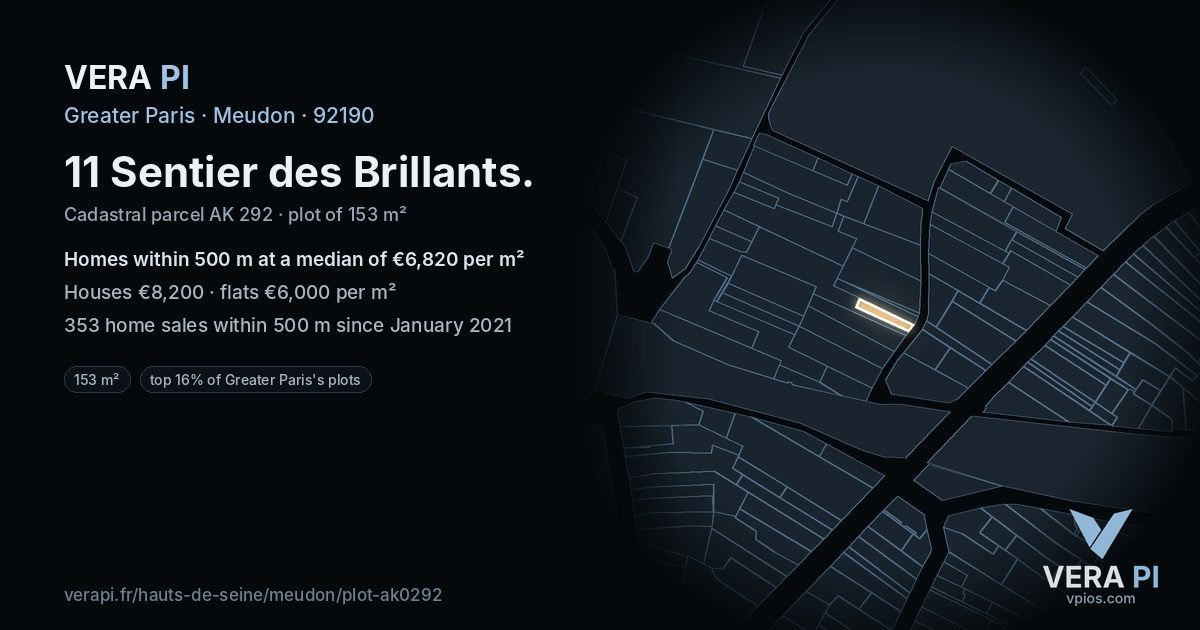 11 Sentier des Brillants, Meudon at night – the plot lit, the parcels around coloured by the prices near them