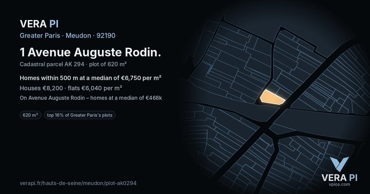 1 Avenue Auguste Rodin, Meudon at night – the plot lit, the parcels around coloured by the prices near them