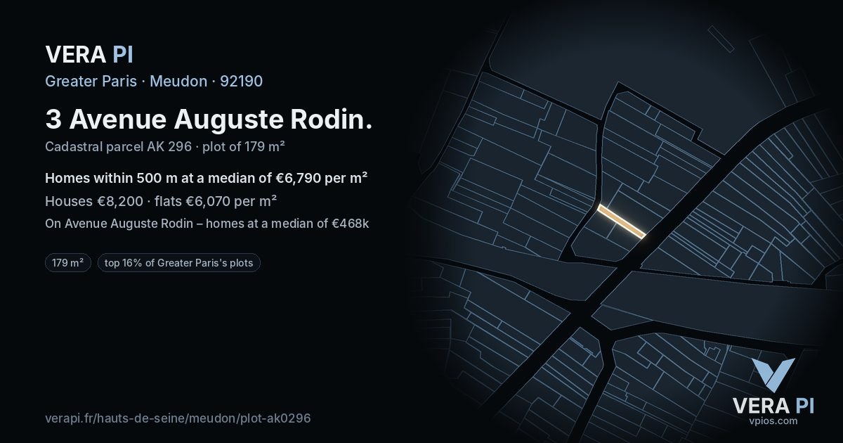 3 Avenue Auguste Rodin, Meudon at night – the plot lit, the parcels around coloured by the prices near them