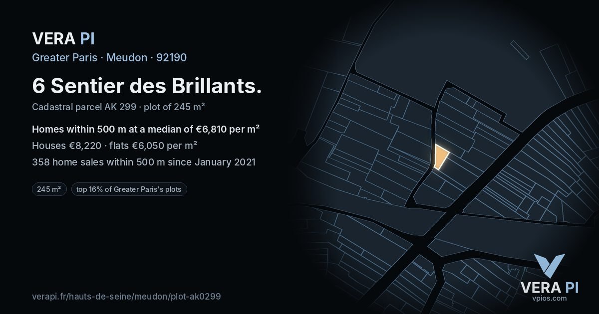 6 Sentier des Brillants, Meudon at night – the plot lit, the parcels around coloured by the prices near them