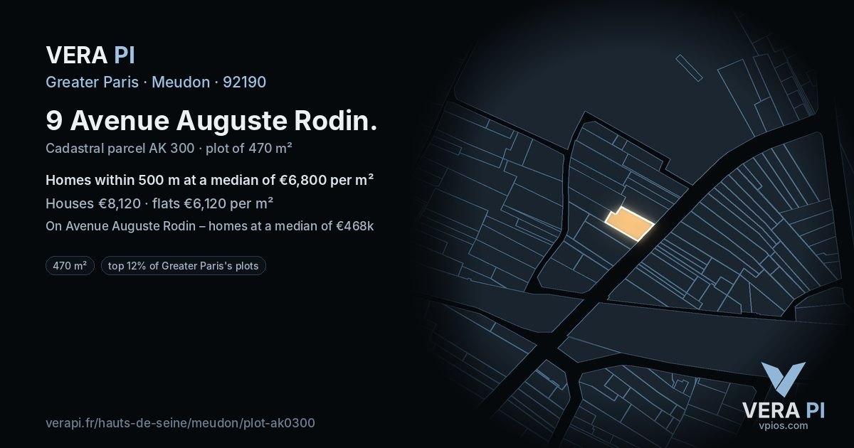 9 Avenue Auguste Rodin, Meudon at night – the plot lit, the parcels around coloured by the prices near them