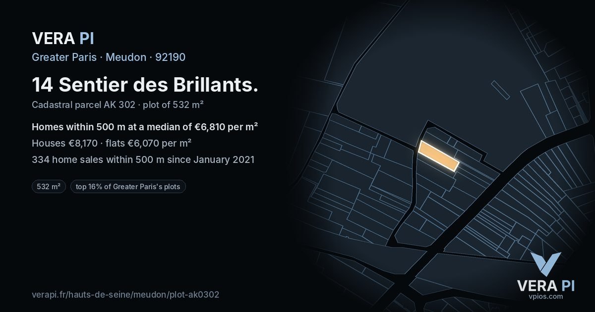 14 Sentier des Brillants, Meudon at night – the plot lit, the parcels around coloured by the prices near them