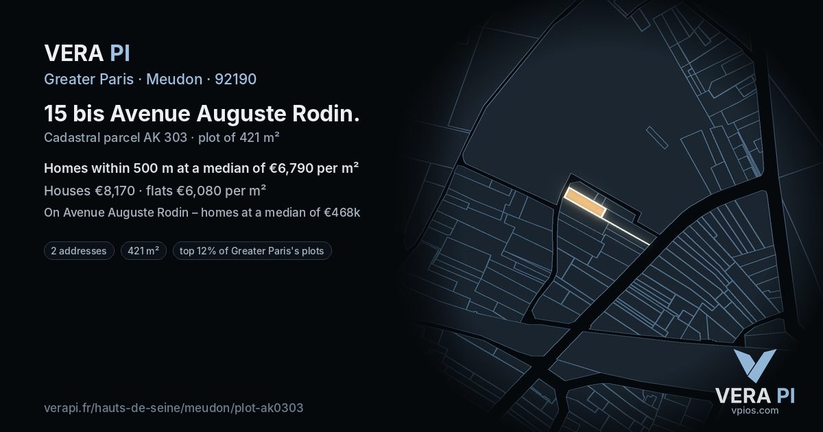 15 bis Avenue Auguste Rodin, Meudon at night – the plot lit, the parcels around coloured by the prices near them