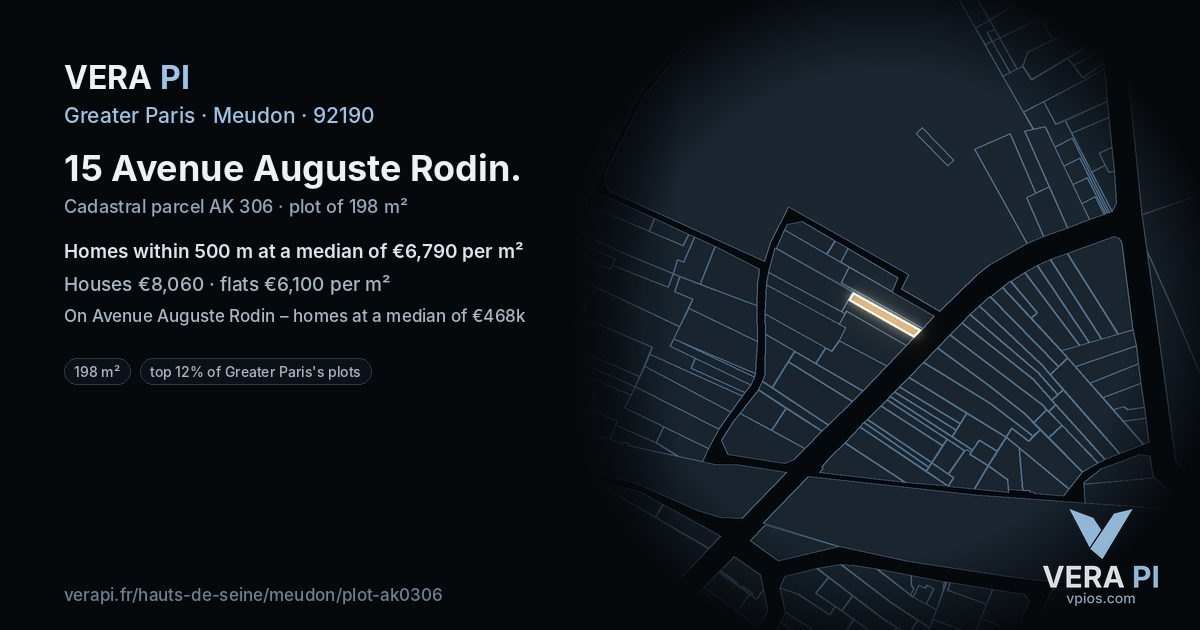 15 Avenue Auguste Rodin, Meudon at night – the plot lit, the parcels around coloured by the prices near them