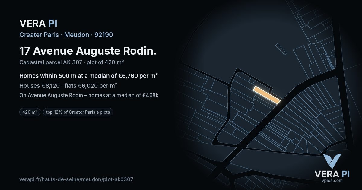 17 Avenue Auguste Rodin, Meudon at night – the plot lit, the parcels around coloured by the prices near them