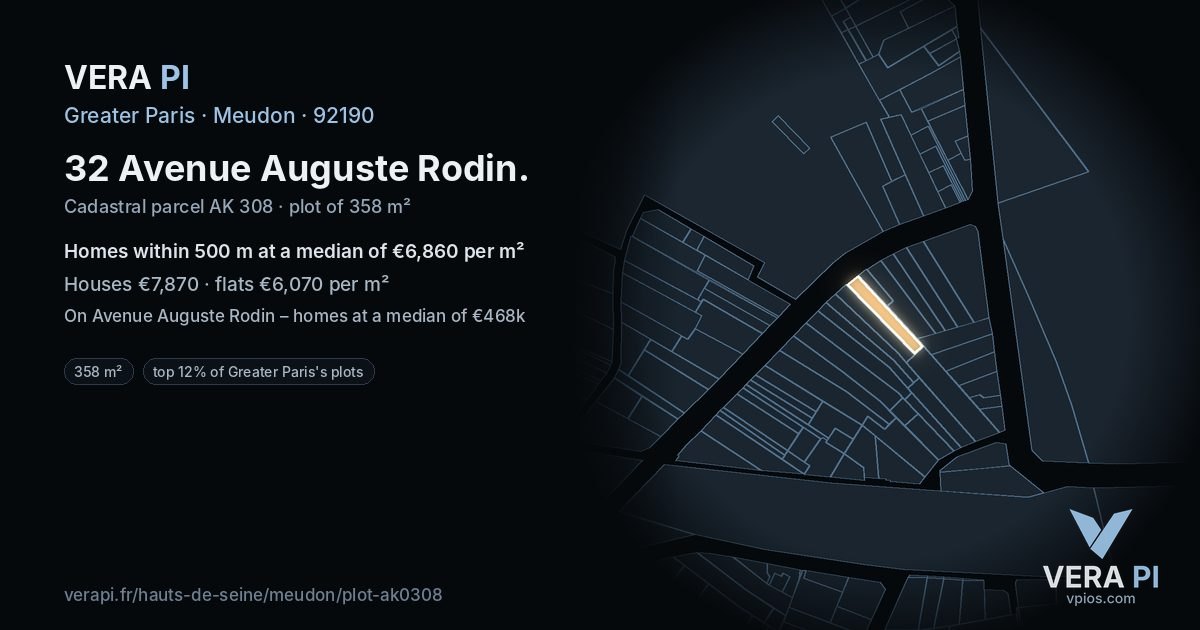 32 Avenue Auguste Rodin, Meudon at night – the plot lit, the parcels around coloured by the prices near them