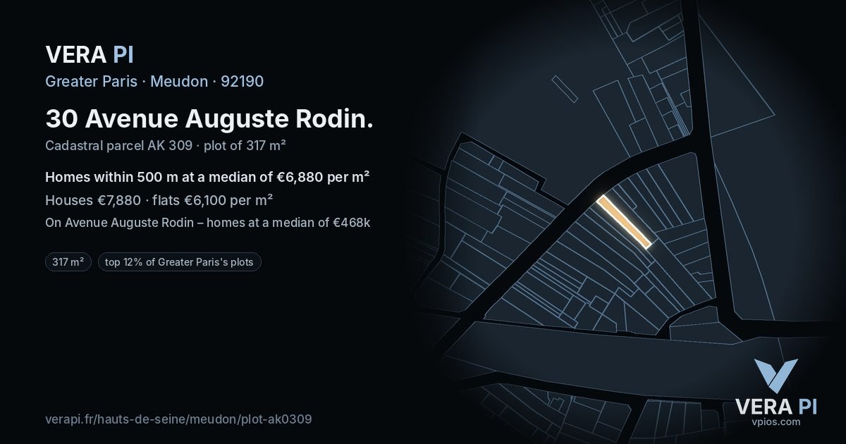 30 Avenue Auguste Rodin, Meudon at night – the plot lit, the parcels around coloured by the prices near them