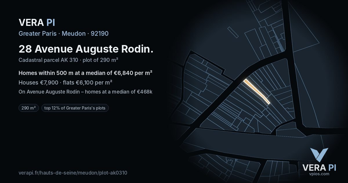 28 Avenue Auguste Rodin, Meudon at night – the plot lit, the parcels around coloured by the prices near them
