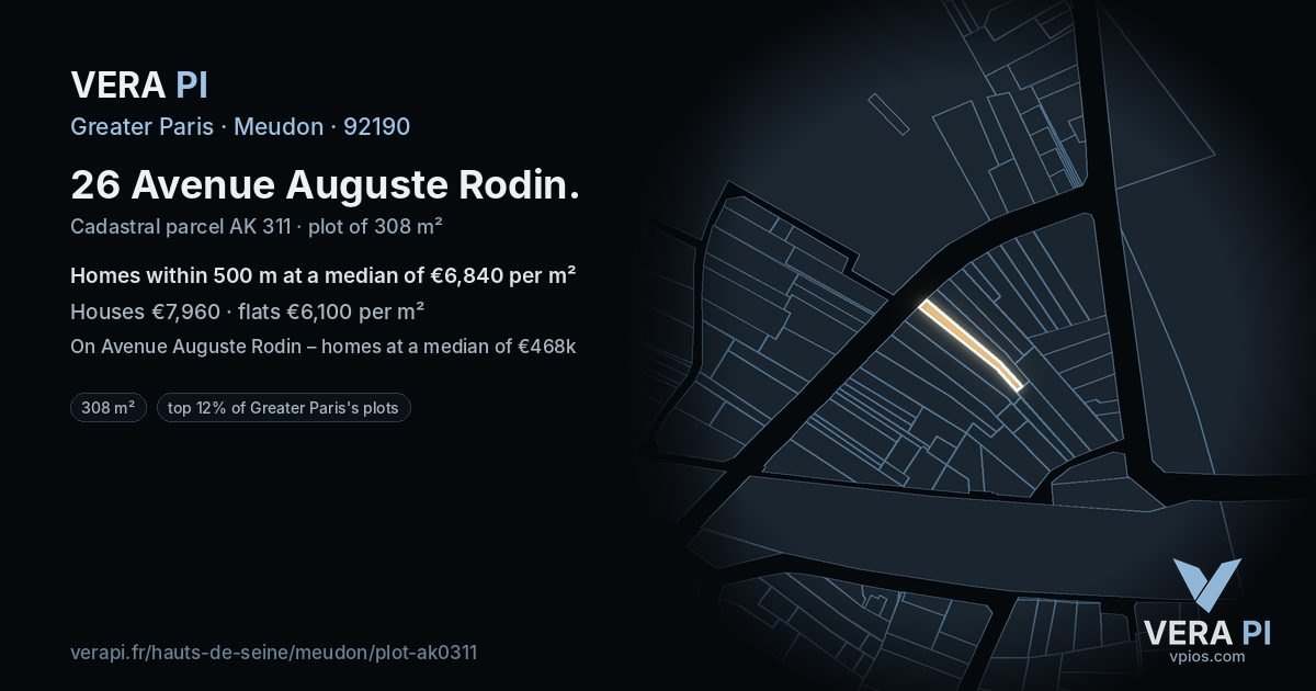 26 Avenue Auguste Rodin, Meudon at night – the plot lit, the parcels around coloured by the prices near them