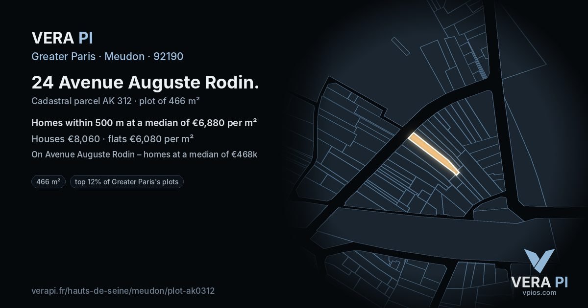 24 Avenue Auguste Rodin, Meudon at night – the plot lit, the parcels around coloured by the prices near them