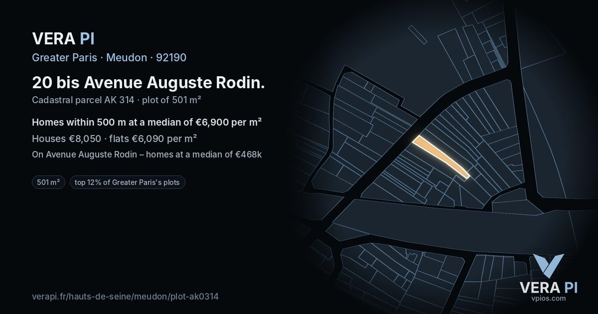 20 bis Avenue Auguste Rodin, Meudon at night – the plot lit, the parcels around coloured by the prices near them