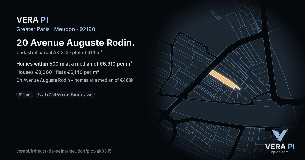 20 Avenue Auguste Rodin, Meudon at night – the plot lit, the parcels around coloured by the prices near them