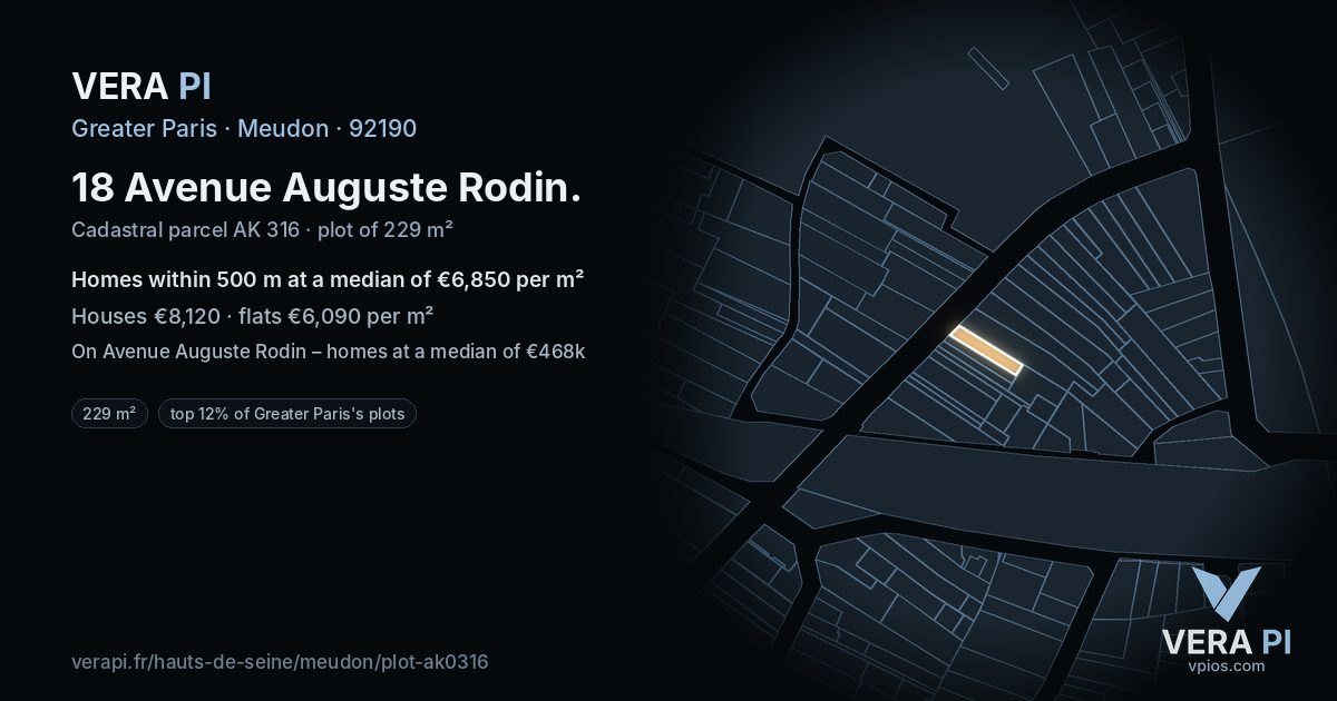 18 Avenue Auguste Rodin, Meudon at night – the plot lit, the parcels around coloured by the prices near them