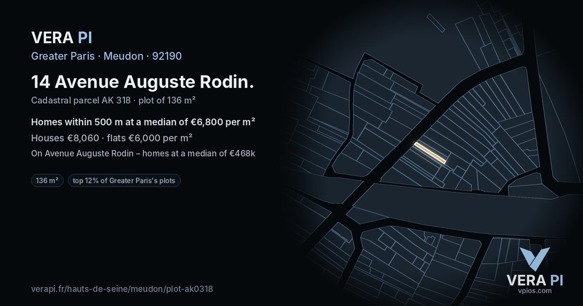 14 Avenue Auguste Rodin, Meudon at night – the plot lit, the parcels around coloured by the prices near them