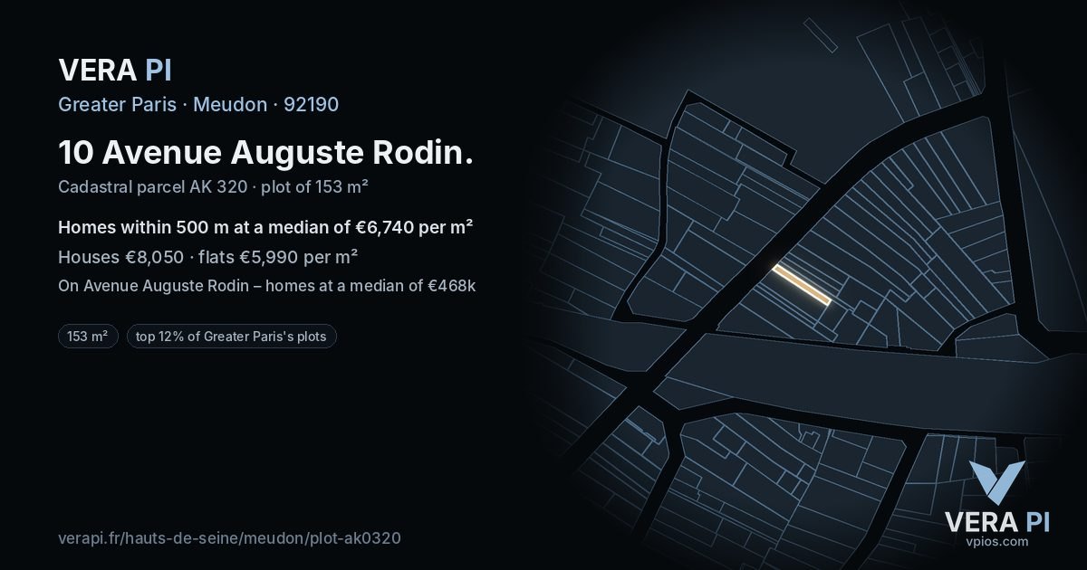 10 Avenue Auguste Rodin, Meudon at night – the plot lit, the parcels around coloured by the prices near them