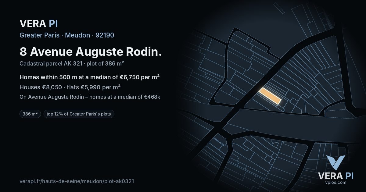 8 Avenue Auguste Rodin, Meudon at night – the plot lit, the parcels around coloured by the prices near them