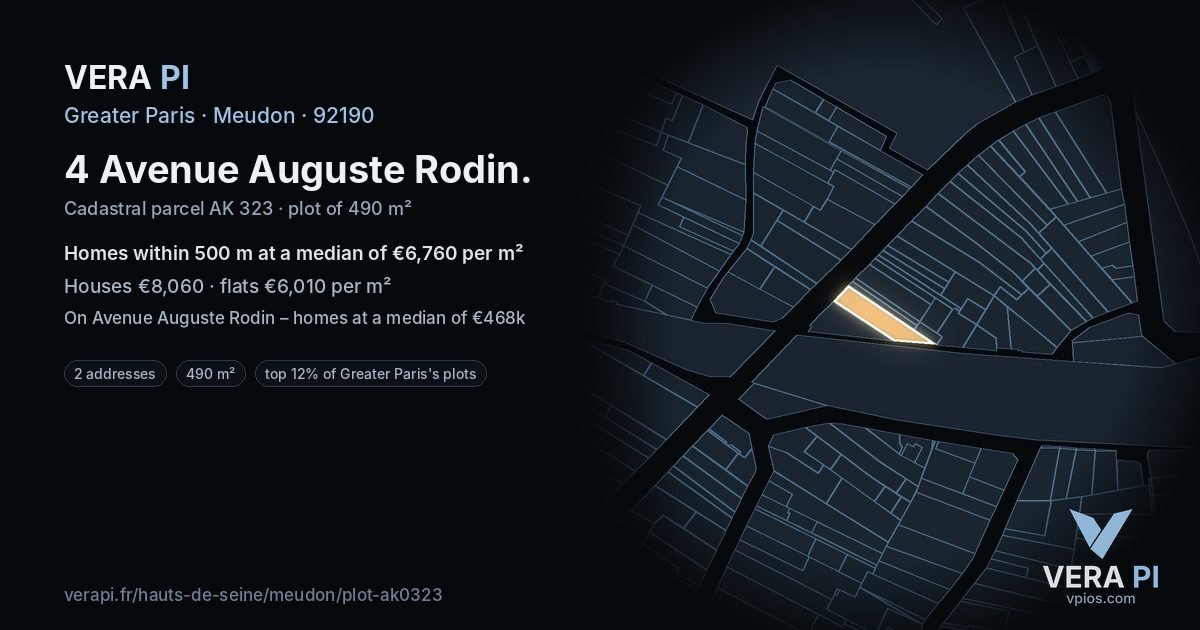 4 Avenue Auguste Rodin, Meudon at night – the plot lit, the parcels around coloured by the prices near them