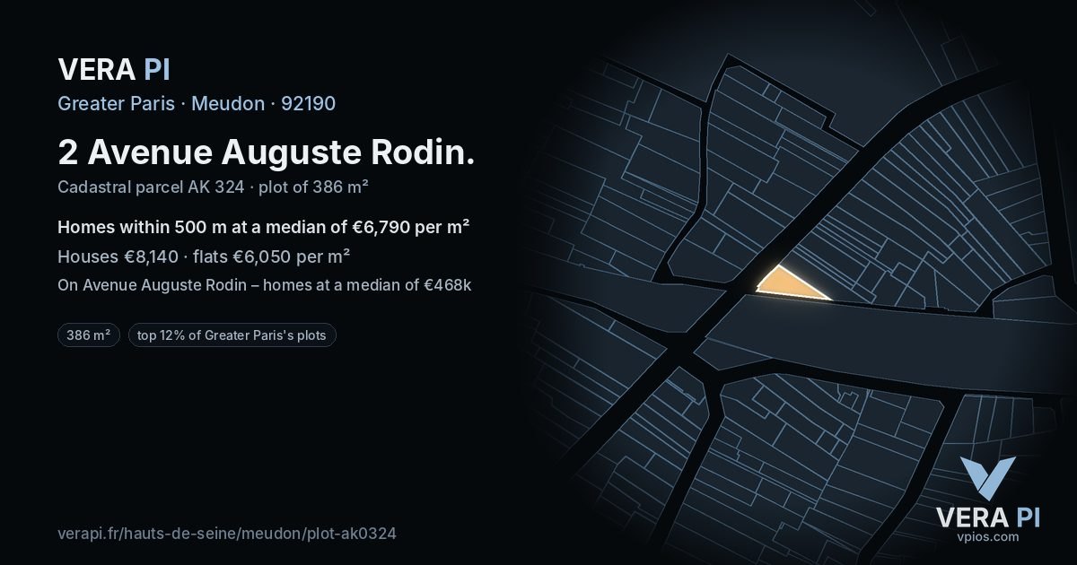 2 Avenue Auguste Rodin, Meudon at night – the plot lit, the parcels around coloured by the prices near them
