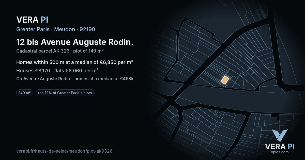 12 bis Avenue Auguste Rodin, Meudon at night – the plot lit, the parcels around coloured by the prices near them
