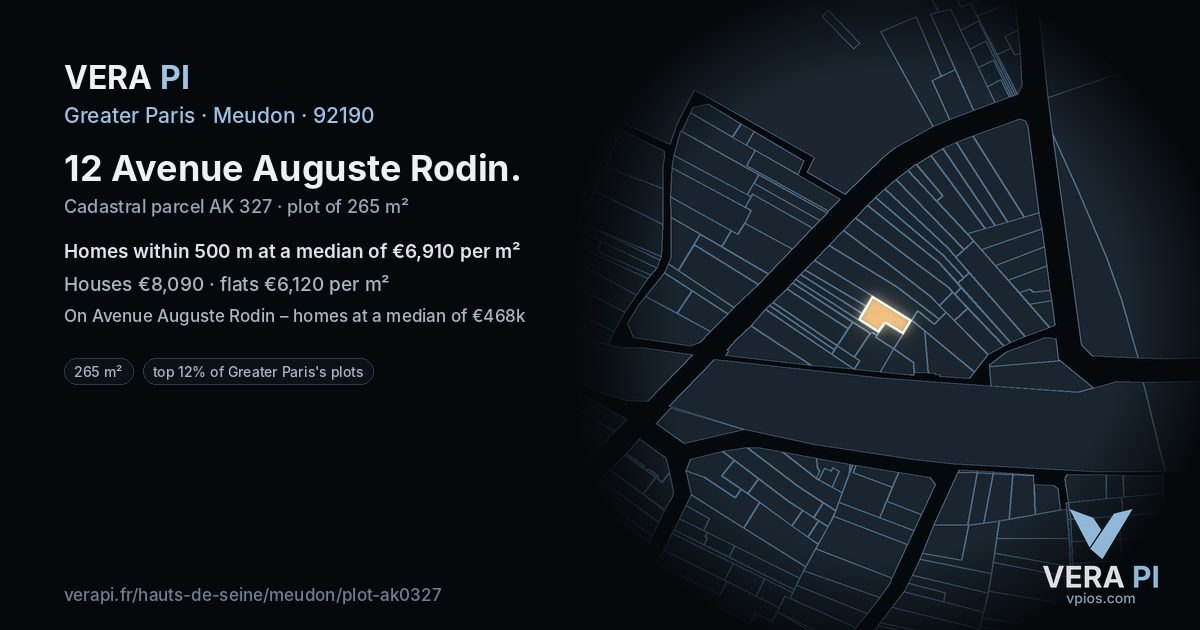 12 Avenue Auguste Rodin, Meudon at night – the plot lit, the parcels around coloured by the prices near them